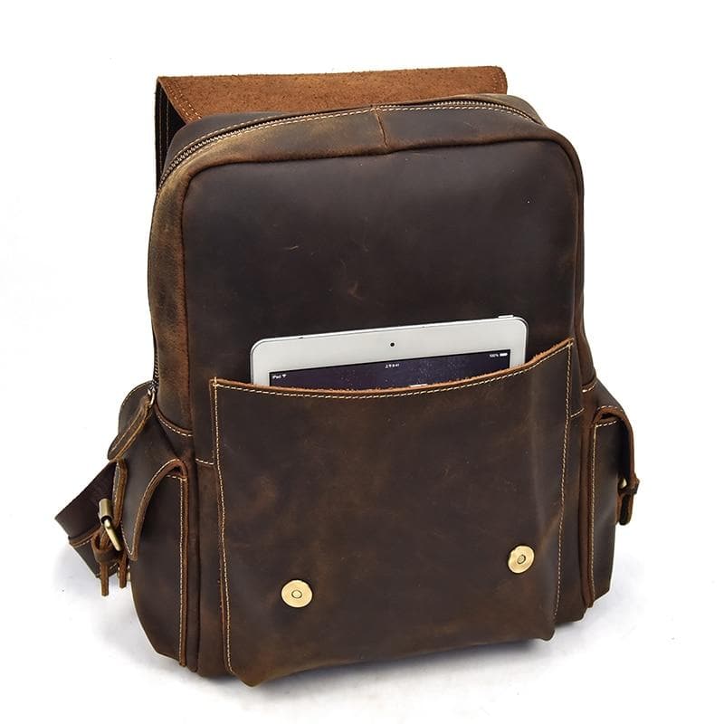The Freja Backpack handcrafted from premium crazy horse leather with multiple compartments and adjustable straps for versatile travel and daily use