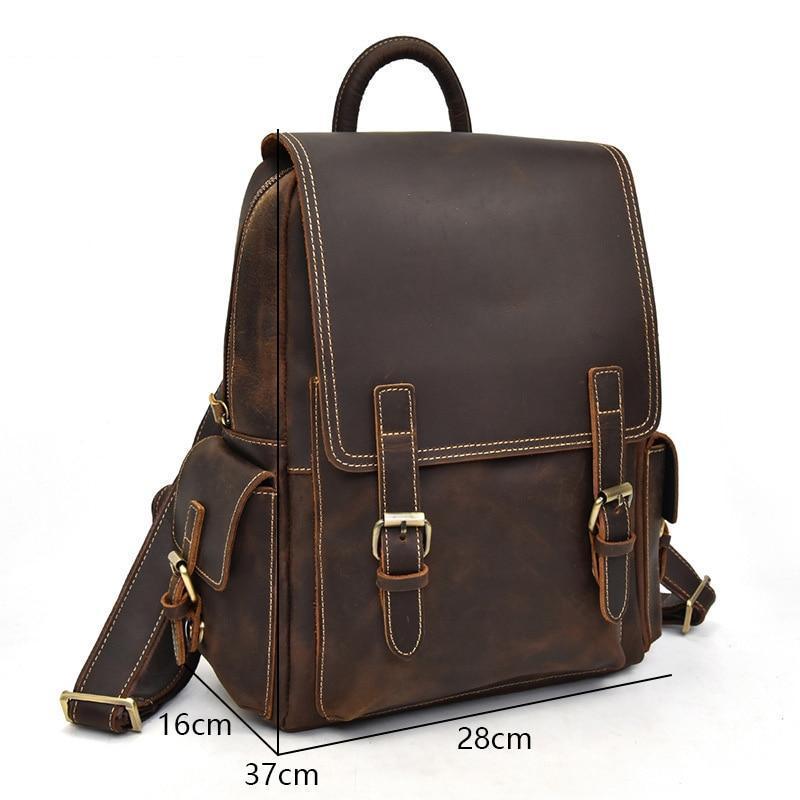 Handcrafted Freja Backpack in vintage crazy horse leather with multiple compartments and adjustable straps for everyday use