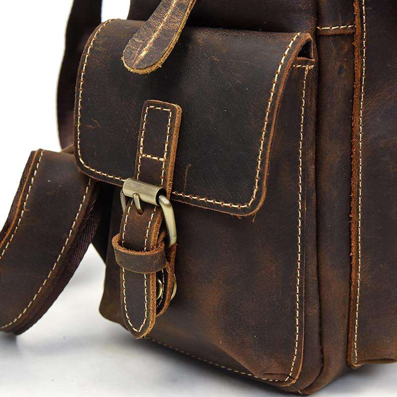 Freja Backpack handcrafted from vintage crazy horse leather with multiple compartments and adjustable straps for travel and daily use