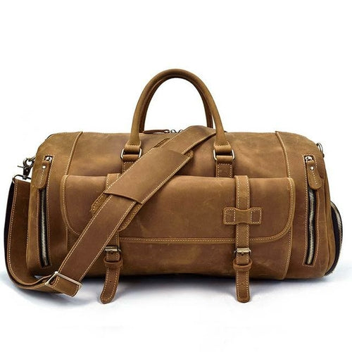 The Bard handmade leather duffle bag in crazy horse leather with spacious compartments and removable shoulder strap