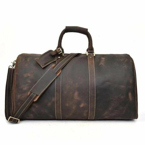 Bjarke Weekender handcrafted leather duffle bag with adjustable shoulder strap and vintage crazy horse leather finish