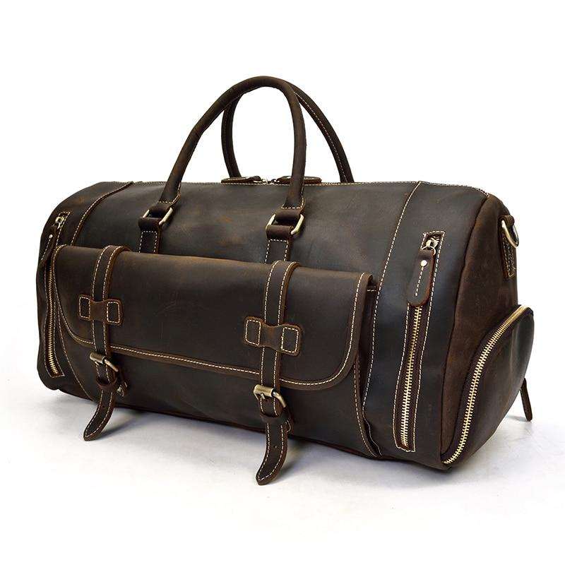 The Bard handmade leather duffle bag in premium crazy horse leather with spacious compartments and soft handles