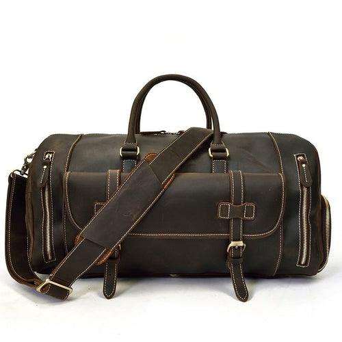 Handmade leather duffle bag in premium crazy horse leather with spacious compartments and removable shoulder strap