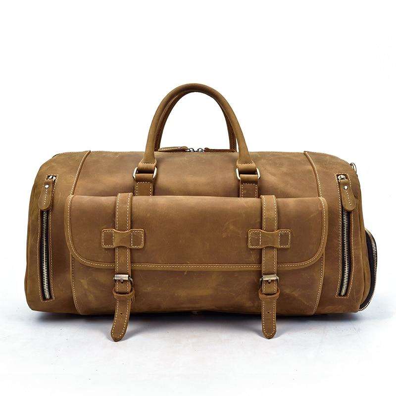 Handmade leather duffle bag in rich brown crazy horse leather with soft handles and removable shoulder strap