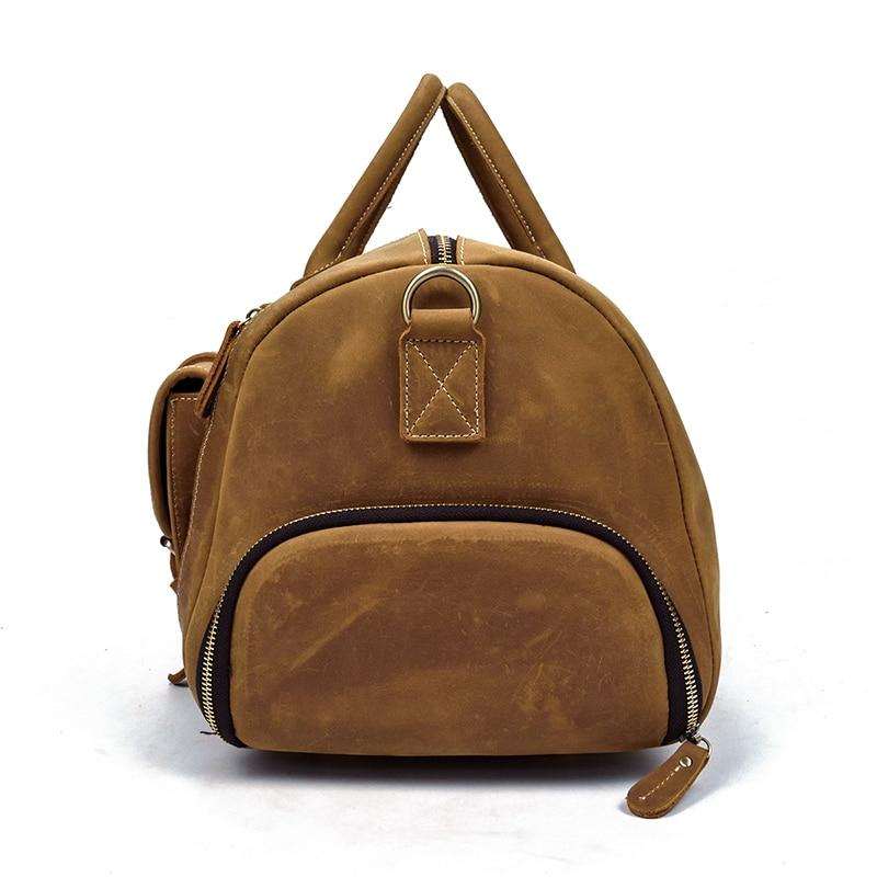 Handmade leather duffle bag crafted from premium crazy horse leather with spacious compartments and comfortable handles for travel