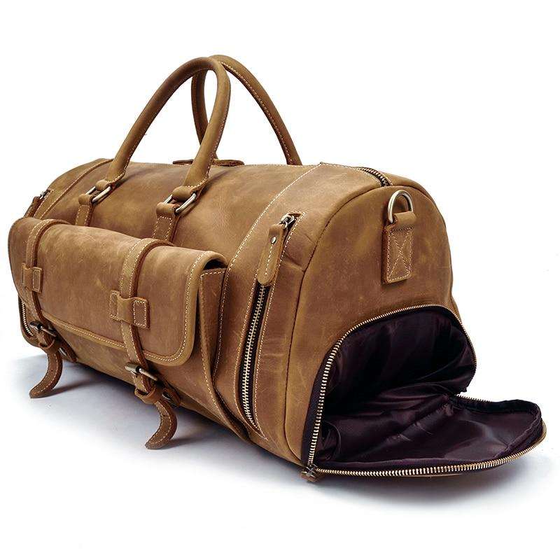 Handmade leather duffle bag in premium crazy horse leather with multiple pockets and adjustable shoulder strap