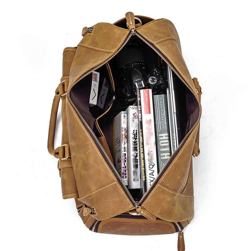 Handmade leather duffle bag in premium crazy horse leather with spacious compartments and adjustable strap