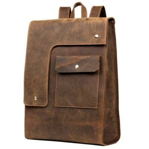 Vintage Leather Backpack in brown Crazy Horse leather with front flap pocket and distinctive rugged finish