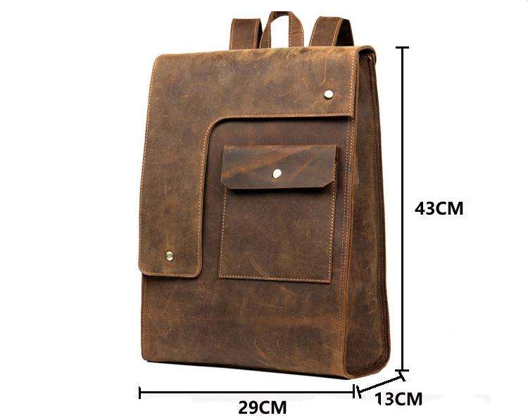 Vintage Leather Backpack in brown Crazy Horse leather with briefcase-style design and front flap pocket, 43cm tall