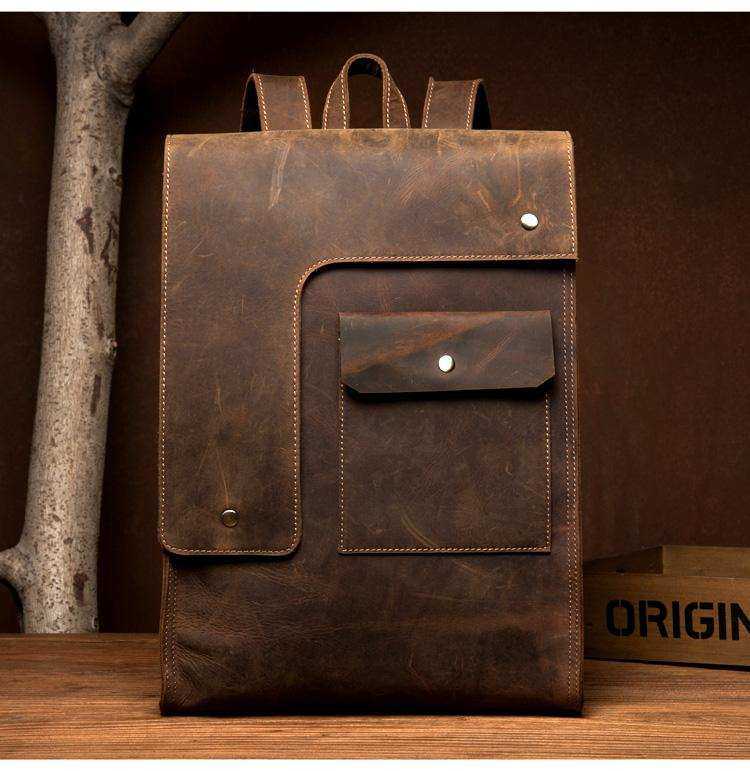 Vintage Leather Backpack in rugged brown leather with a flap closure, front pocket, and stitched detailing