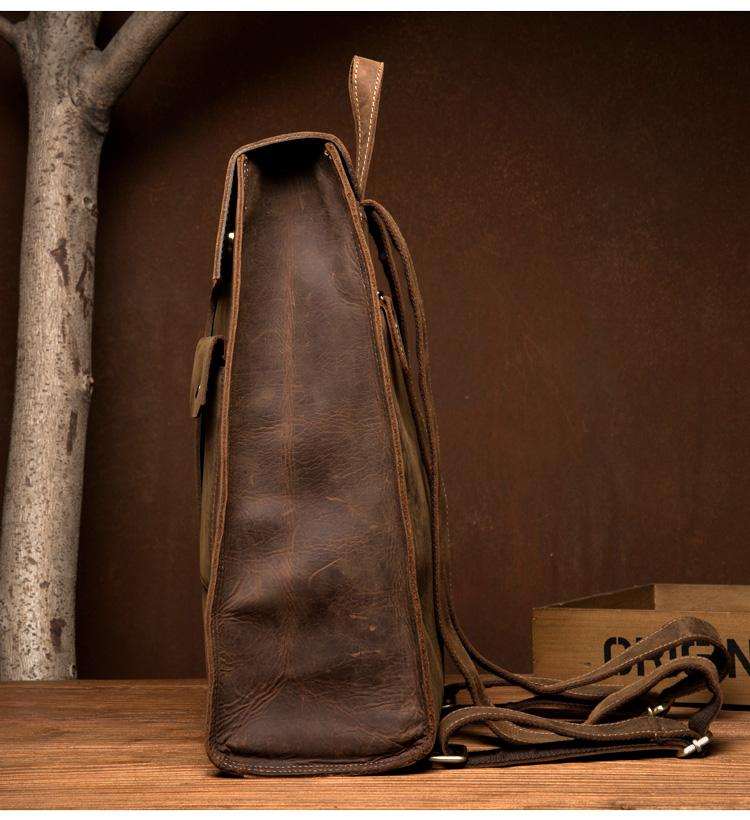 Vintage Leather Backpack in dark brown leather, featuring a rugged briefcase-style profile and adjustable straps