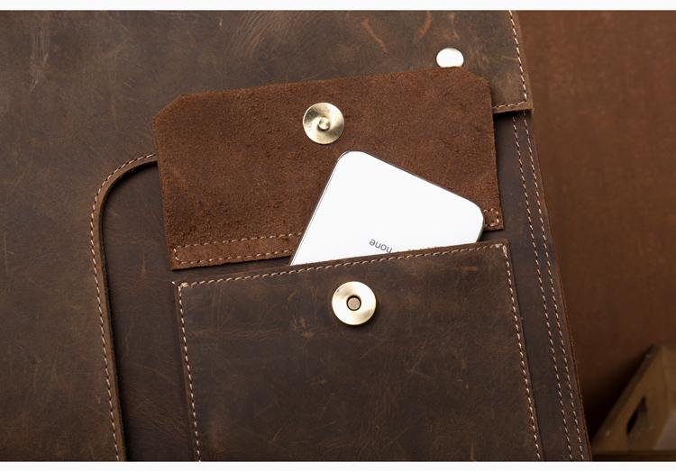 Vintage Leather Backpack in distressed brown leather, featuring stitched exterior pockets with snap closures and a cardholder
