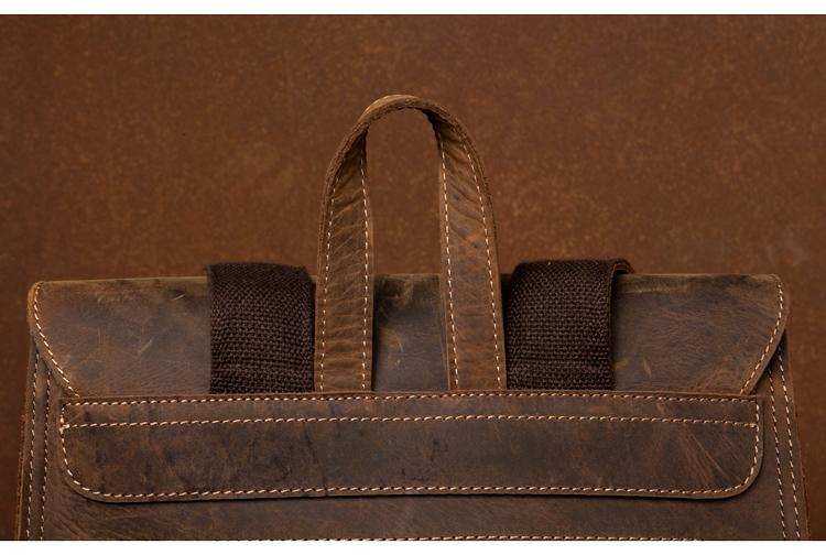 Vintage Leather Backpack in rugged brown leather with stitched top handle, padded straps, and front flap pocket