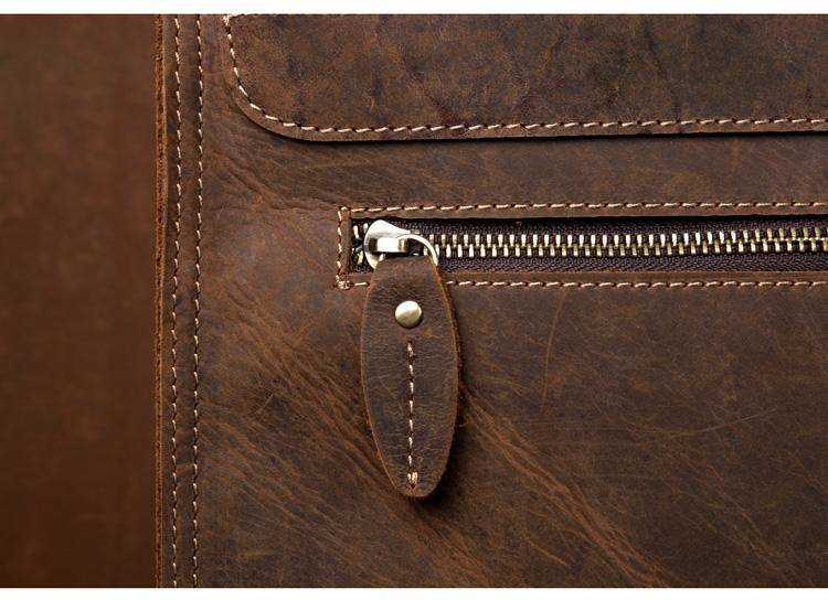 Vintage Leather Backpack in brown Crazy Horse leather with stitched panels and a front zippered pocket pull
