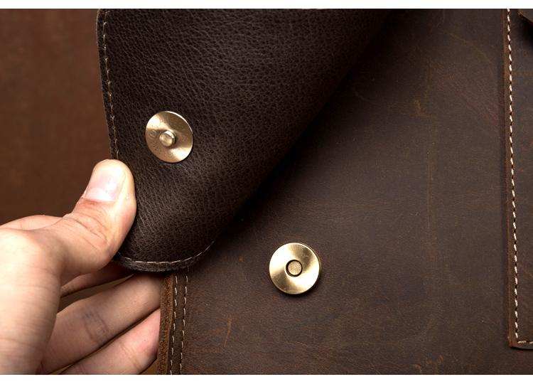 Vintage Leather Backpack in rugged brown leather with a flap closure, brass magnetic snaps, and detailed stitching