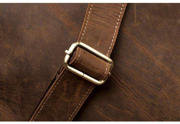 Vintage Leather Backpack in rich brown Crazy Horse leather with an adjustable strap and brass buckle detail