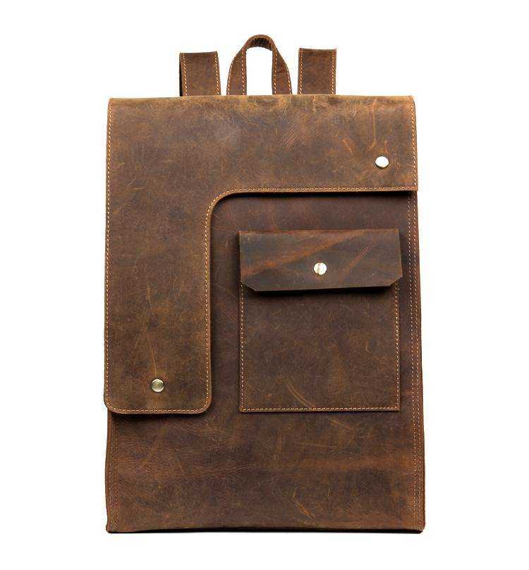 Vintage Leather Backpack in distressed brown leather with a flap closure, front pocket, and top handle
