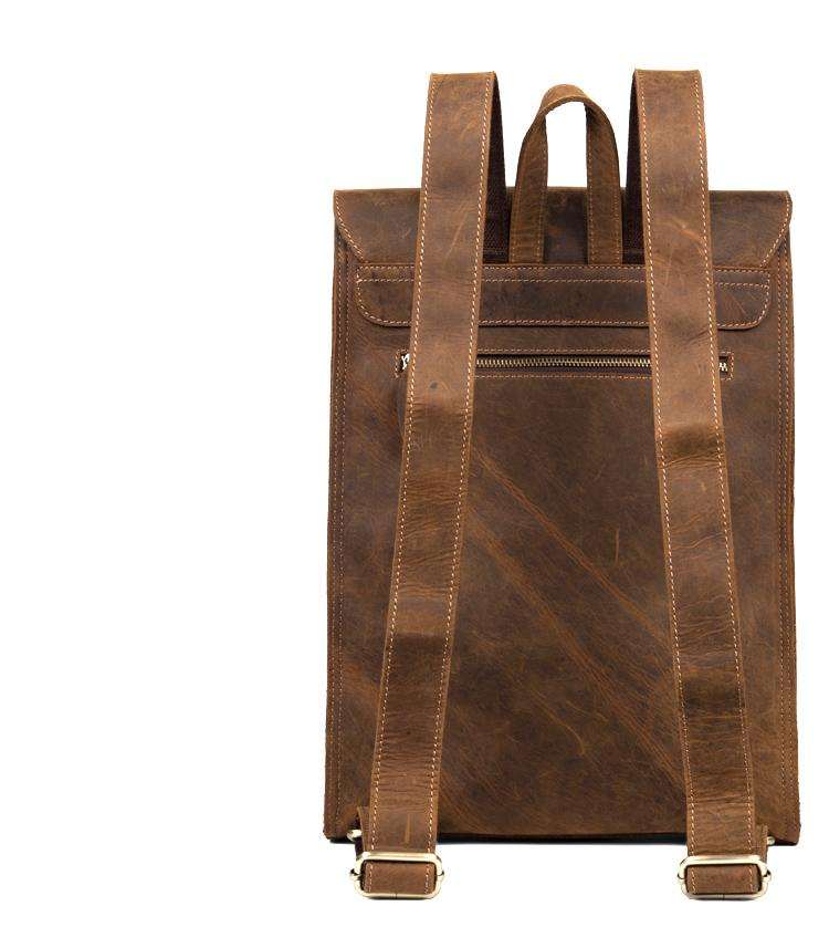 Vintage Leather Backpack in brown distressed leather with twin shoulder straps, top handle and front zip pocket