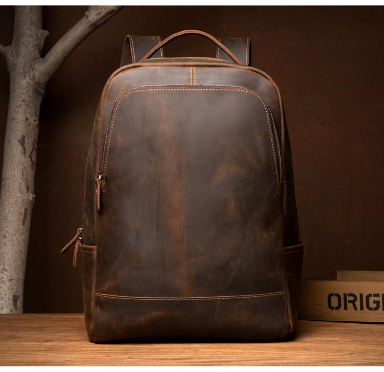 Vernon Leather Minimalist Backpack in premium crazy horse leather with ergonomic straps and magnetic pocket