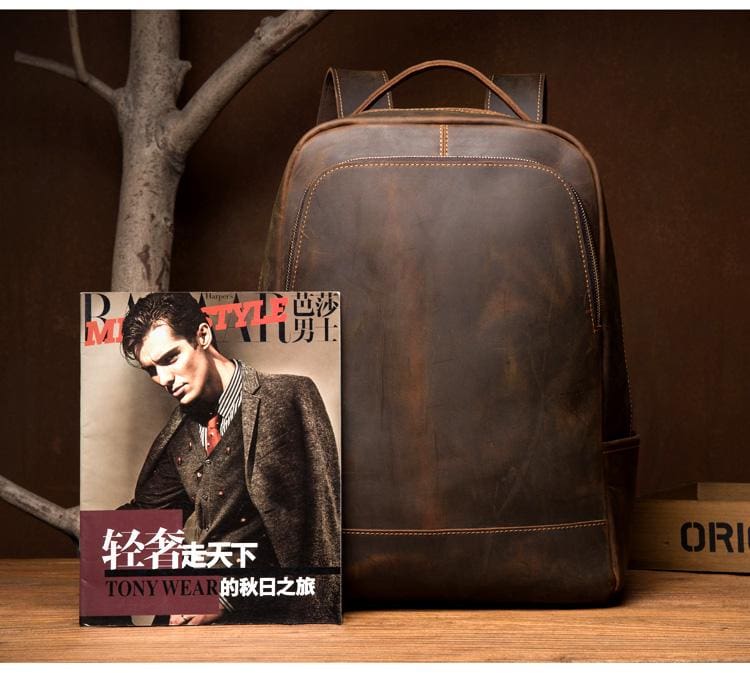 Vernon Leather Minimalist Backpack in vintage crazy horse leather with ergonomic straps and multiple pockets