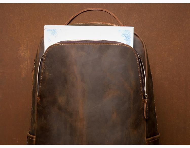 Vernon Leather Minimalist Backpack in vintage crazy horse leather with ergonomic straps and multiple pockets