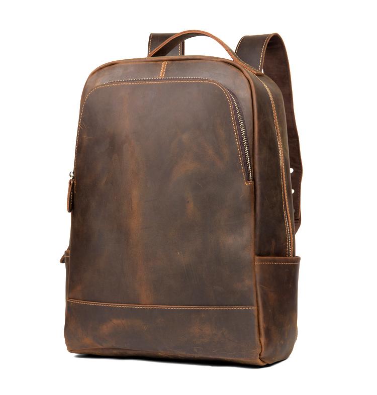 Vernon Leather Minimalist Backpack in premium crazy horse leather with ergonomic straps and multiple pockets for everyday carry