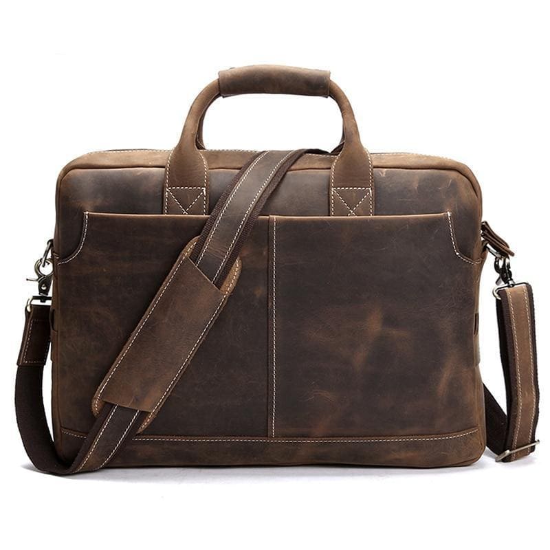 Vintage Welch Briefcase in brown crazy horse leather with adjustable shoulder strap and top handle
