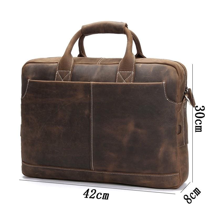 Vintage Welch Briefcase made of premium crazy horse leather with adjustable shoulder strap and multiple compartments for laptops and documents