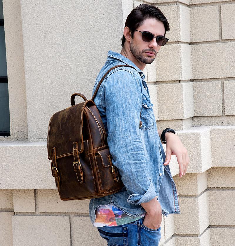 Freja Backpack handcrafted crazy horse leather travel backpack with multiple compartments and adjustable straps