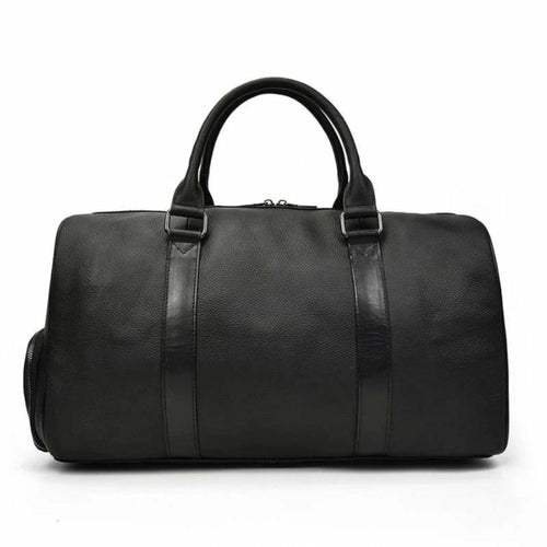 Endre Weekender Leather Duffle Bag in black premium leather with adjustable shoulder strap and multiple compartments for travel and work