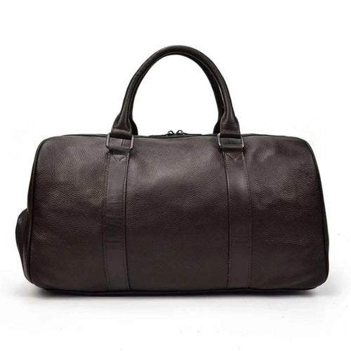 Endre Weekender Leather Duffle Bag in black, handcrafted premium leather travel bag with adjustable shoulder strap and multiple compartments
