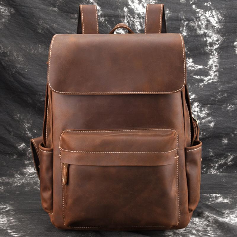 The Helka Backpack vintage leather backpack in crazy horse leather with multiple pockets and adjustable straps