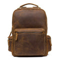 The Langley Genuine Leather Backpack in vintage brown crazy horse leather showcasing front, side, and back pockets with adjustable straps and grab handle