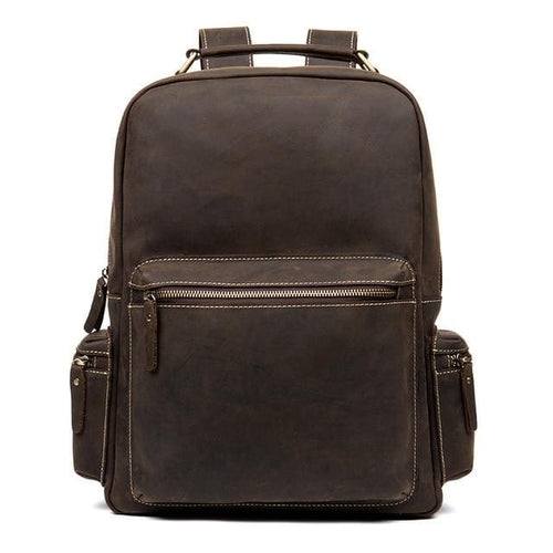 The Langley Genuine Leather Backpack in vintage brown crazy horse leather with multiple compartments and adjustable straps