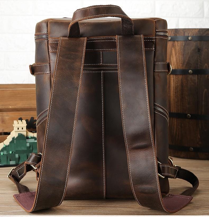 The Raoul Backpack handmade vintage crazy horse leather with multiple compartments and adjustable straps