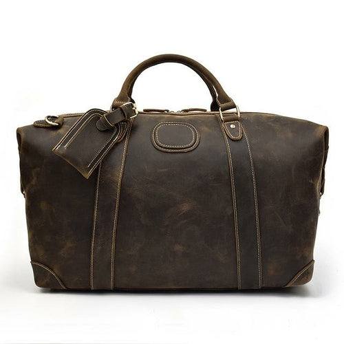 Vintage crazy horse leather duffle bag with spacious compartments and adjustable shoulder strap