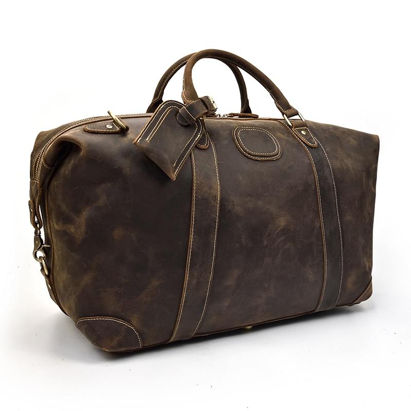 Vintage leather duffle bag made from premium crazy horse leather with spacious interior and adjustable strap