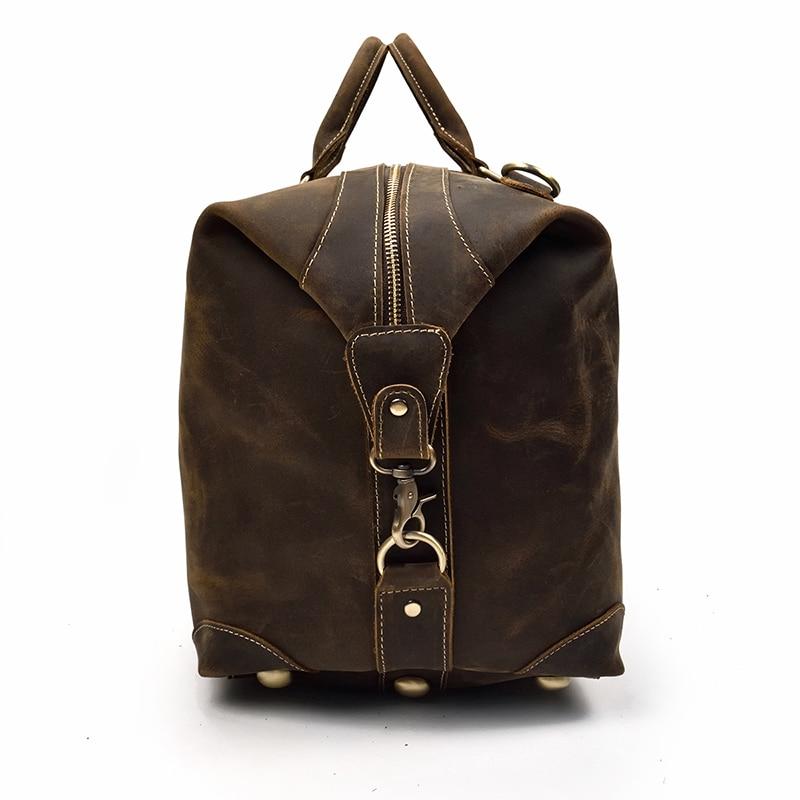 Vintage leather duffle bag made from premium crazy horse leather with spacious interior and adjustable shoulder strap