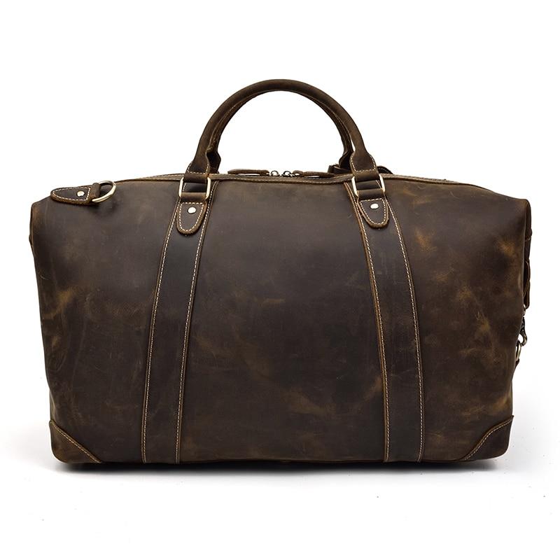 Vintage leather duffle bag in premium crazy horse leather with spacious compartments and adjustable strap for travel and work