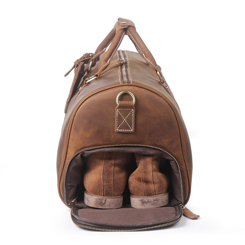 Dagny Leather Weekender Duffle Bag in rugged crazy horse leather with multiple compartments and removable shoulder strap