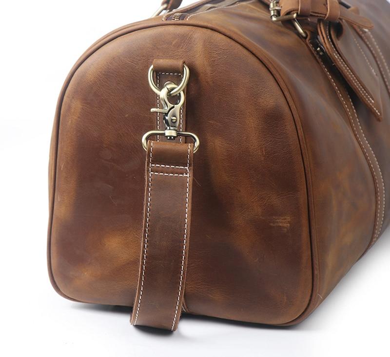 Dagny Leather Weekender Duffle Bag in rugged crazy horse leather with spacious compartments and removable shoulder strap