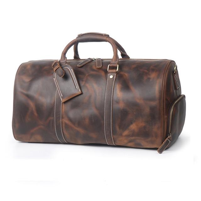 Dagny leather weekender duffle bag in premium crazy horse leather with multiple compartments and removable shoulder strap