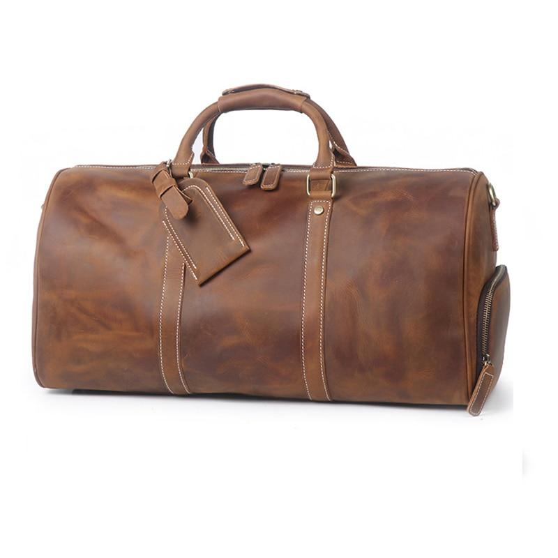Dagny Leather Weekender Duffle Bag in vintage crazy horse leather with spacious compartments and removable shoulder strap