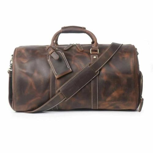 Dagny leather weekender duffle bag in vintage crazy horse leather with spacious compartments and removable shoulder strap