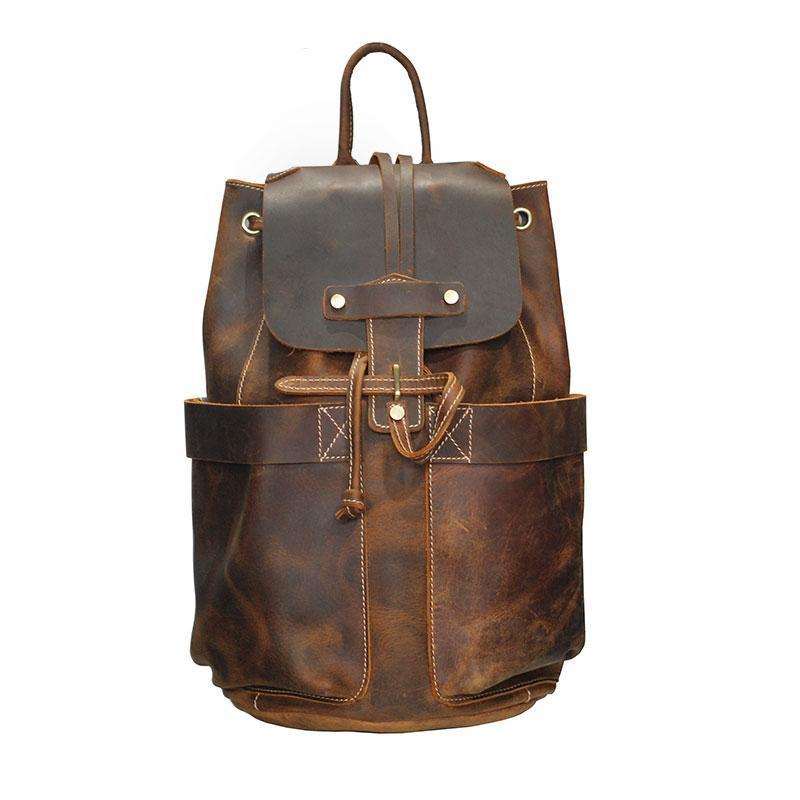 Olaf Leather Travel Backpack vintage brown crazy horse leather with front pockets and adjustable straps