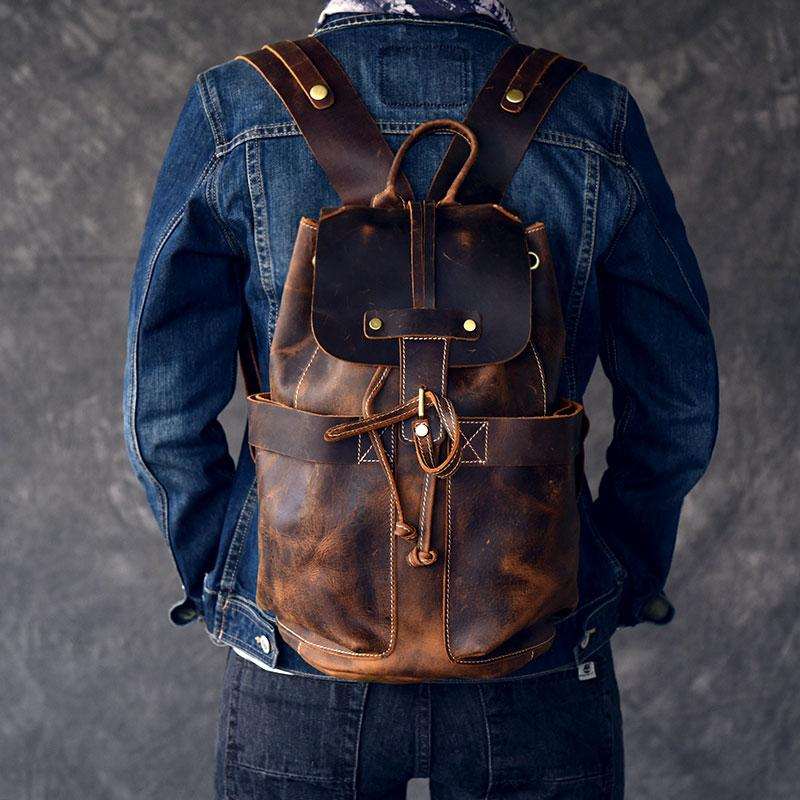 Olaf Leather Travel Backpack vintage crazy horse leather with front pockets and adjustable straps