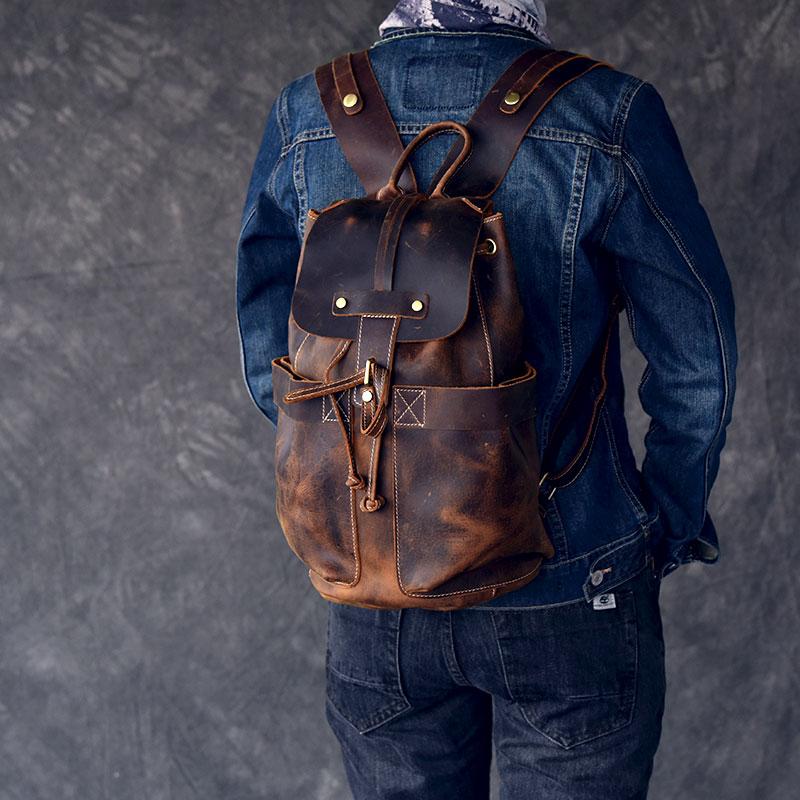The Olaf Leather Travel Backpack vintage handcrafted crazy horse leather rucksack with front pockets and adjustable straps