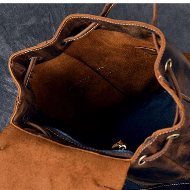 Olaf Leather Travel Backpack vintage brown leather rucksack with front pockets and adjustable straps