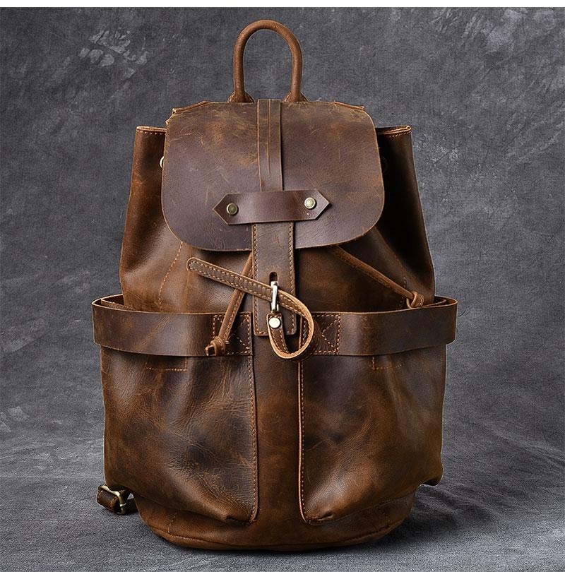 Olaf Leather Travel Backpack vintage style handcrafted crazy horse leather rucksack with multiple pockets and adjustable straps