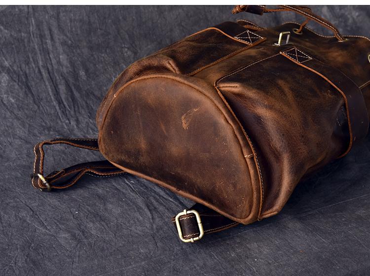 Olaf Leather Travel Backpack vintage crazy horse leather rucksack with front pockets and adjustable straps